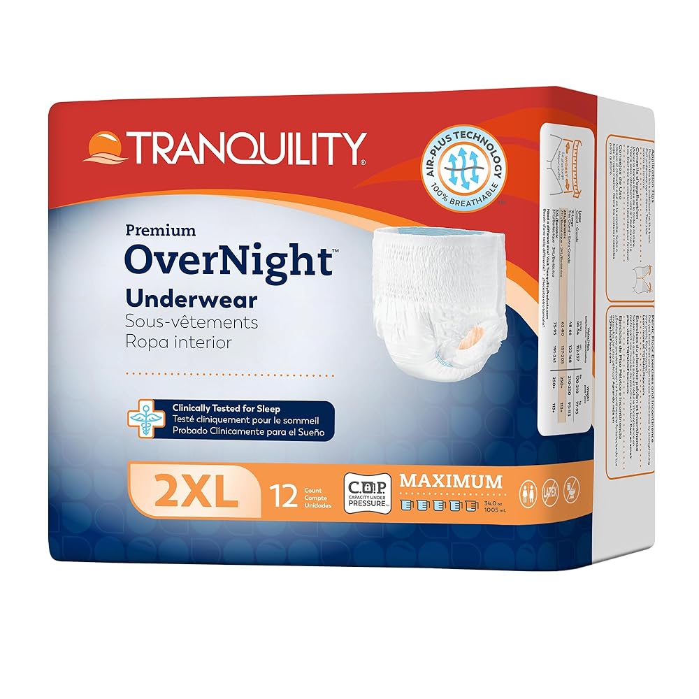 Tranquility Premium OverNight Disposable Absorbent Underwear (48 Count) - 2XL, 62-80 in. Waist - Maximum Absorbency, All-Night Sleep, Breathable Comfort, 48 Adult Diapers