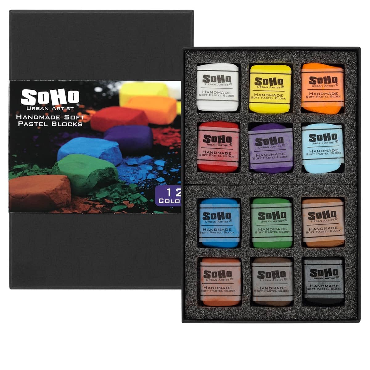 Soho Urban Artist Handgefertigte, weiche Pastellblöcke, sortiert, Set mit 12 professionellen Pastellkreiden, samtige Farben zum Tonen von Papier, großflächigen Zeichnungen und Schichten, lichtecht und