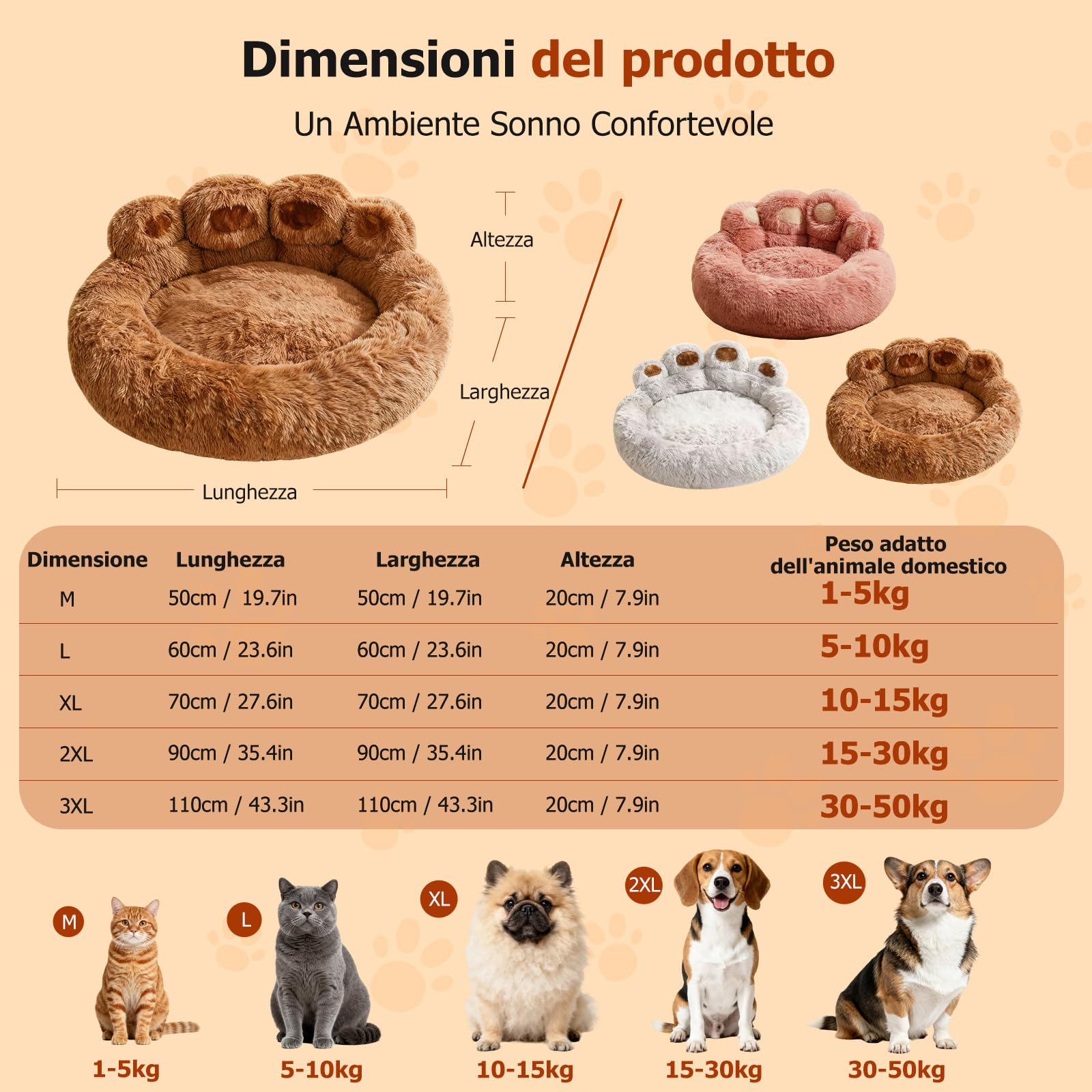 PETCUTE Letto per Gatti e Cani,Cuccia Cane Interno, Divano per Cani Lavabile,Simpatico Orso a Forma di Zampa,Morbida Lettino per Animali Domestici con Fondo Antiscivolo,Caffè,3XL