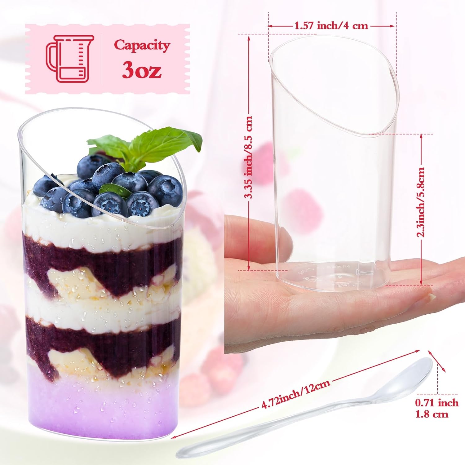 CHENGU 200 Pack Mini Dessert Cups with Spoons 3 oz Small Plastic Dessert Cups Parfait Appetizer Cup Disposable Clear Plastic Cup for Tasting Sample Appetizers (Slanted)