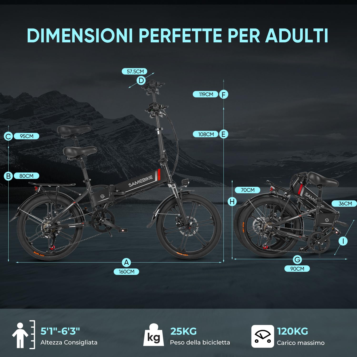 SAMEBIKE Bicicletta Elettrica Piegevole 20" Ebike per Pendolari Motore Brushless 250W 25km/h E-Mountain Bike per Tutti i Terreni Batteria Rimovibile 48V 10AH 70-80KM Autonomia Commuting bike