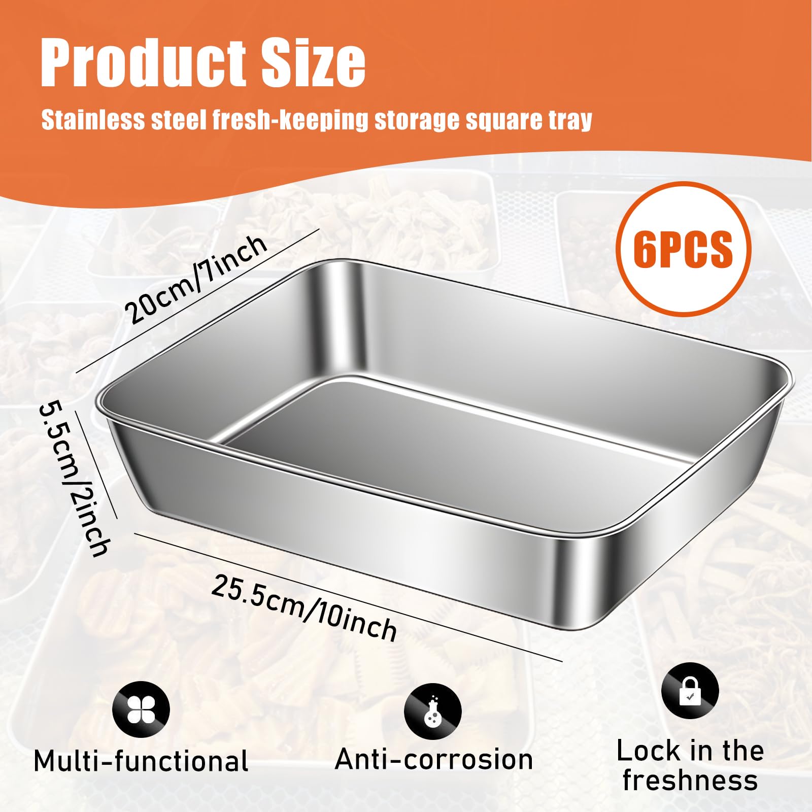 SUNOYA Set Di 6 Teglie Per Impanatura, 2200ml Teglie Per Impanatura In Acciaio Inox, Vaschette Da Panier 25.5x20x5.5cm, Teglia Forno Rettangolare Inox Per Insalata, Carne Marinatura Conservazione
