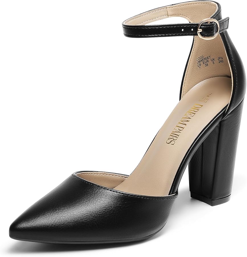 Amazon.com | DREAM PAIRS Women's Coco High Heels Chunky Block Pumps Pointed  Closed Toe Ankle Strap Dress Shoes,Size 5,Black/Pu,Coco