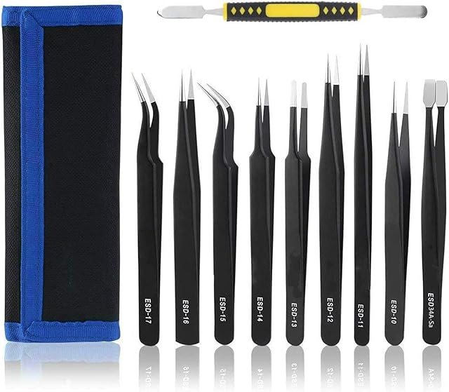 VEGCOO Tweezers Kit, 10 Pieces Precision Anti-Static Tweezers Set, Stainless Steel Tweezers for Electronics, Craft, Jewellery, Laboratory and Detailed Work