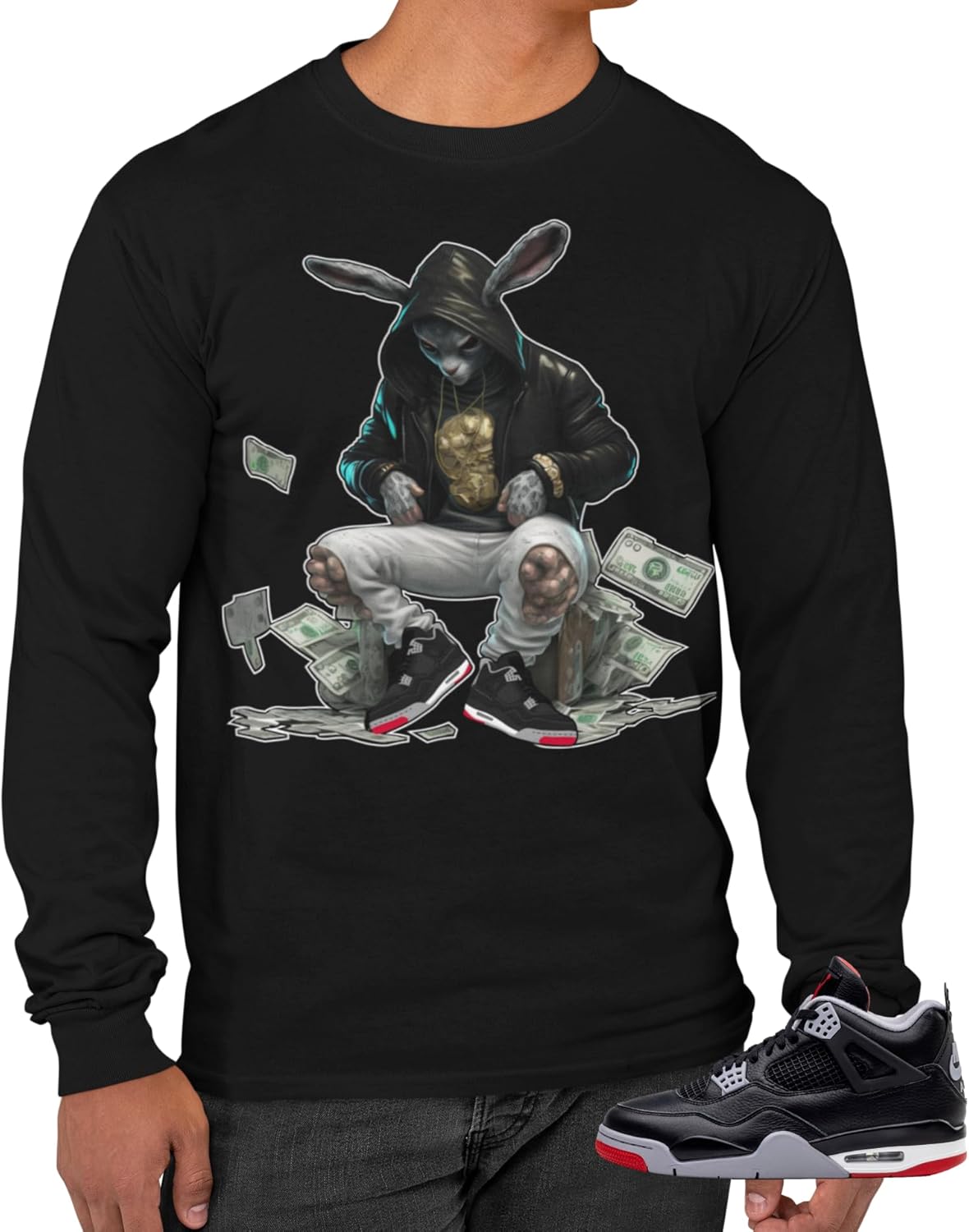 Tee Shirt to Match Jordan 4 Bred Reimagined Men's Retro Long Sleeve T-Shirt