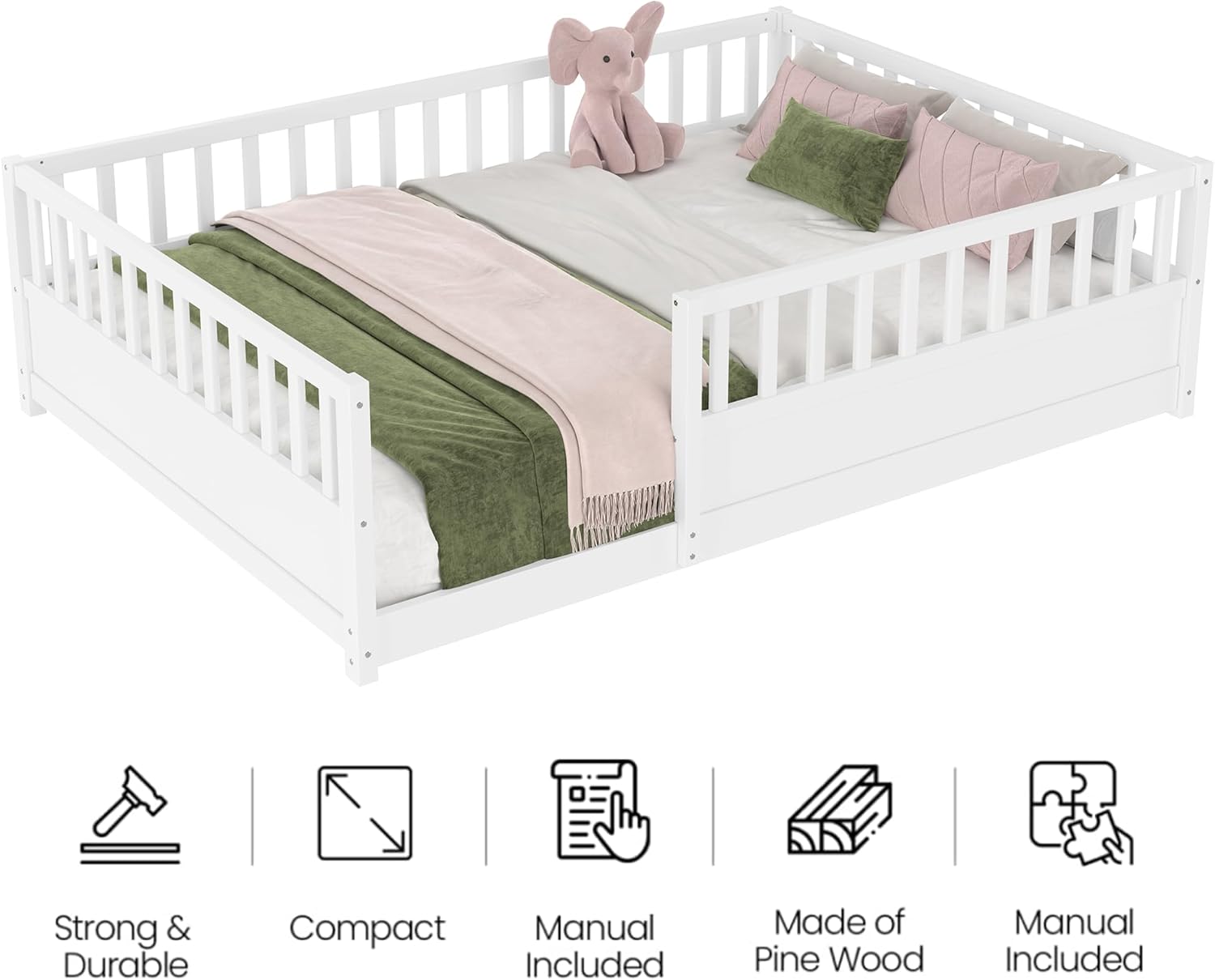 Montessori Floor Bed with High Rails, Full Size Floor Beds with Slats for Girls Boys, Solid Wood Low to Ground Crib Transition Bed for Kids Sleep, Play & Reading,White