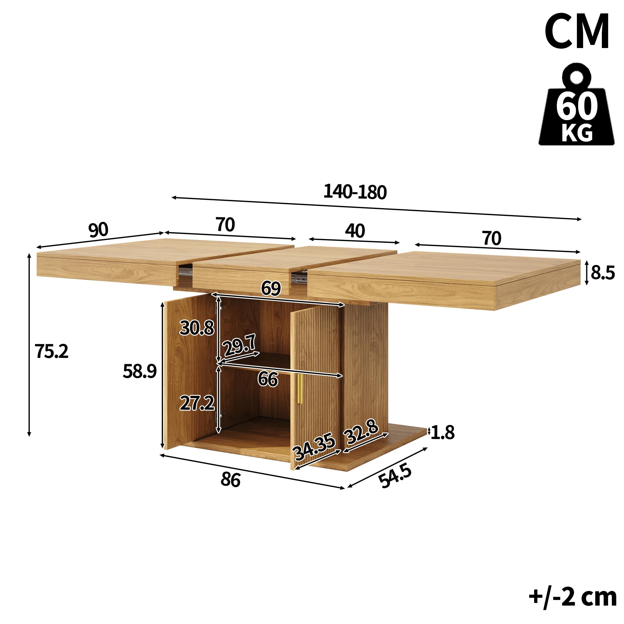 Mesa de comedor extensible con espacio de almacenamiento integrado de 140 a 180 cm, puertas estriadas verticales, estantes extraíbles, ahorro de espacio, para cocina, salón, roble claro