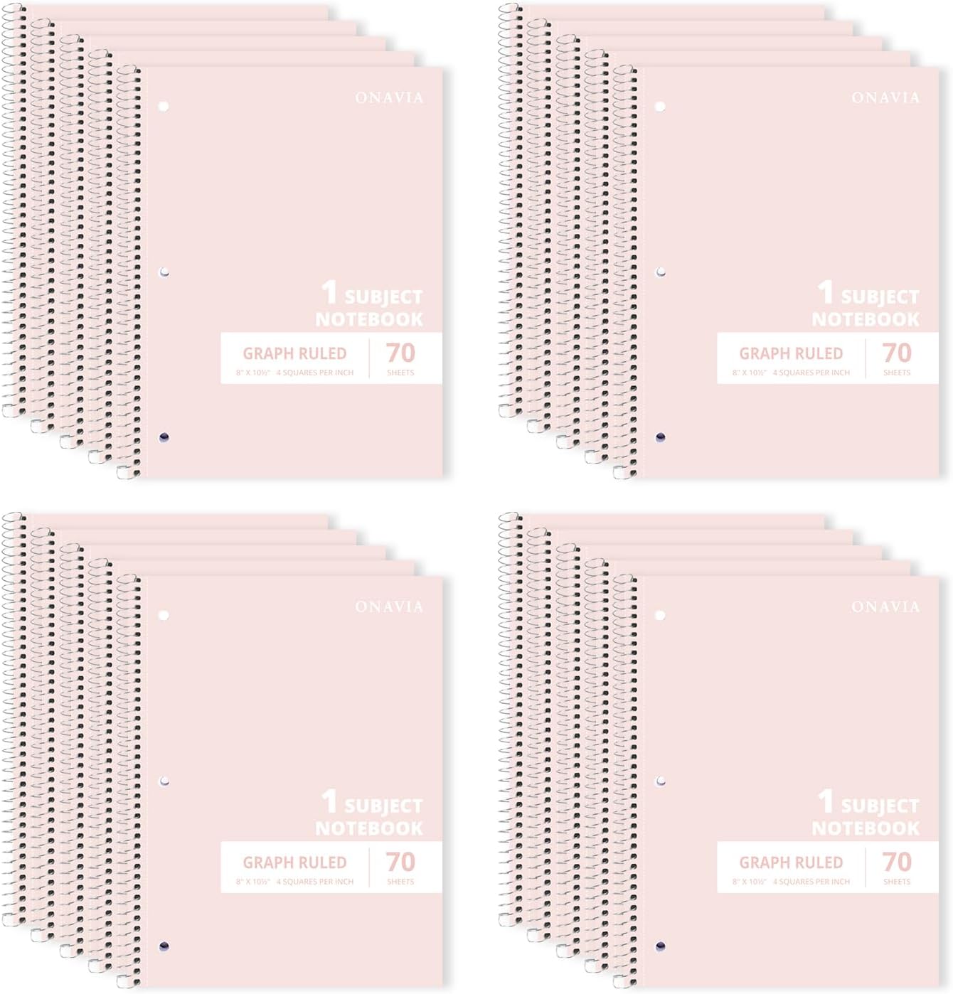 ONAVIA Graph Ruled Single Subject Spiral Notebook, 20 Pack, 4x4 Grid Paper, 8 x 10.5, 70 Sheets Each, Bulk Classroom Notebooks, Pink