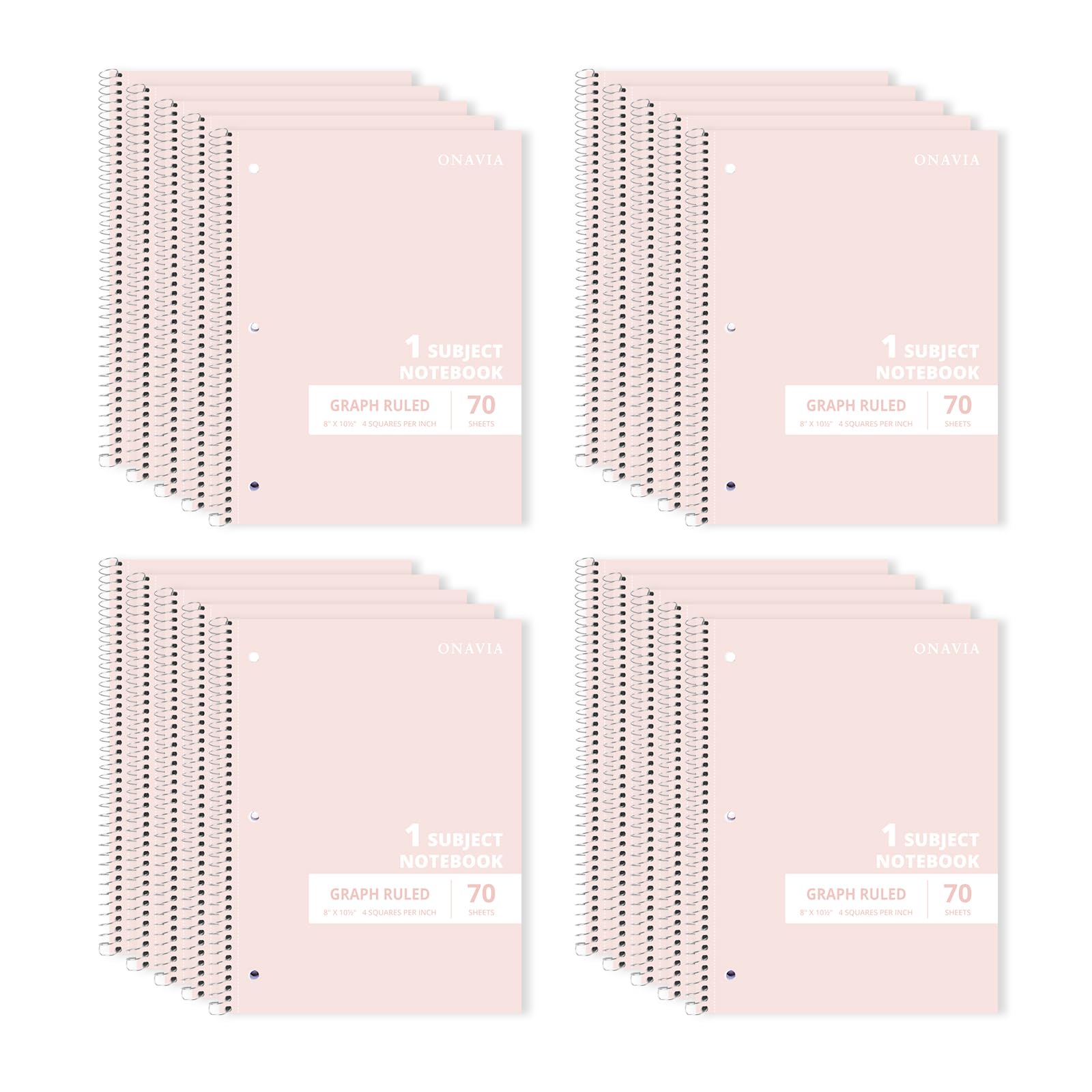 ONAVIA Quaderni a spirale a righe con soggetto singolo, confezione da 20 pezzi, carta a quadretti 4x4, 8 x 10,5, 70 fogli ciascuno, blocchi per aule, rosa