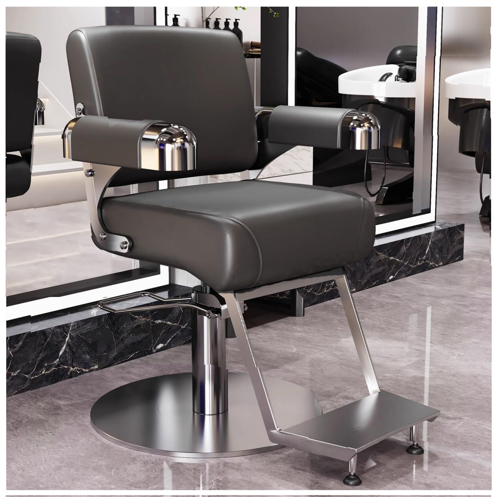 Sedia da Barbiere Professionale, Sedia da Salone in Pelle PU con Girevole a 360° e Poggiapiedi in Acciaio,Grigio,B