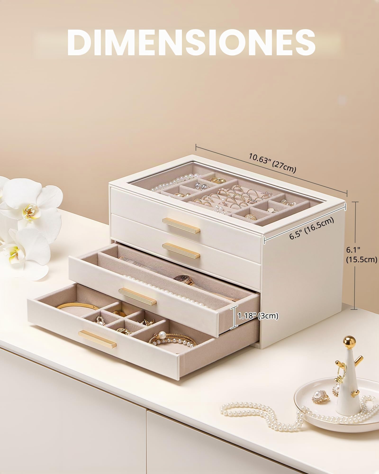 Caja Organizadora de Joyas 4 Niveles con Tapa de Vidrio, Joyero para Anillos Pendientes Pulseras Collares, Estuche Almacenamiento Mujer, Beige