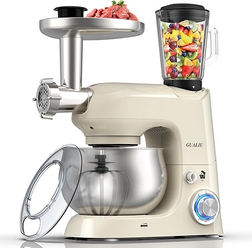GUALIU Batidora de pie multifuncional 6 en 1, mezclador de cocina de cabeza inclinable, mezclador de pie eléctrico de 6 velocidades de pulso con