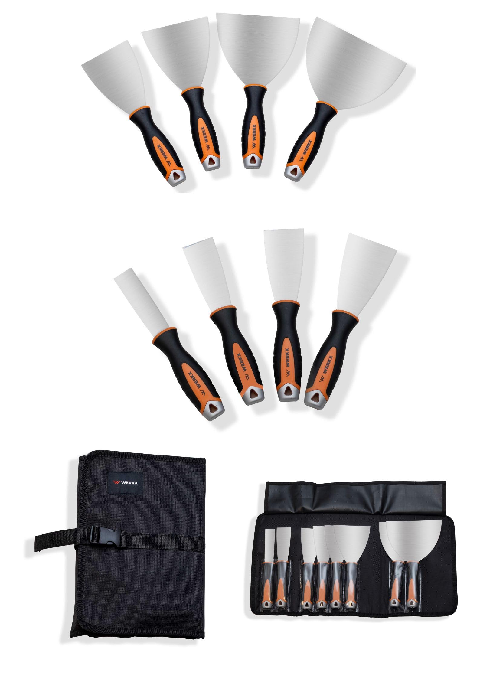 Set de 8 outils à enduire professionnels en acier Inox avec trousse de rangement – Kit parfait pour plaquiste, peintre, enduit, plâtre, lissage et rebouchage – Poignée bi-Matière ergonomique