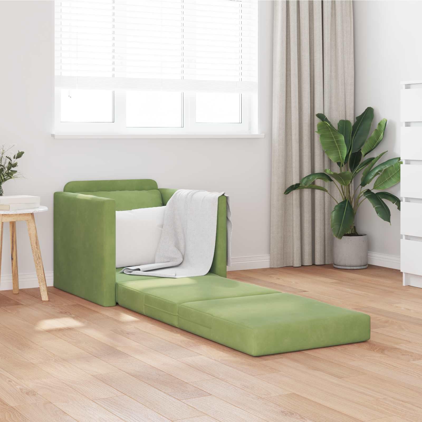 Sofa z funkcją spania jasnozielona z aksamitną tapicerką, 74 x 77 x 81 cm, dwuosobowa z funkcją spania i składanym oparciem, idealna do salonu i biura, wygodna tapicerka z podłokietnikami