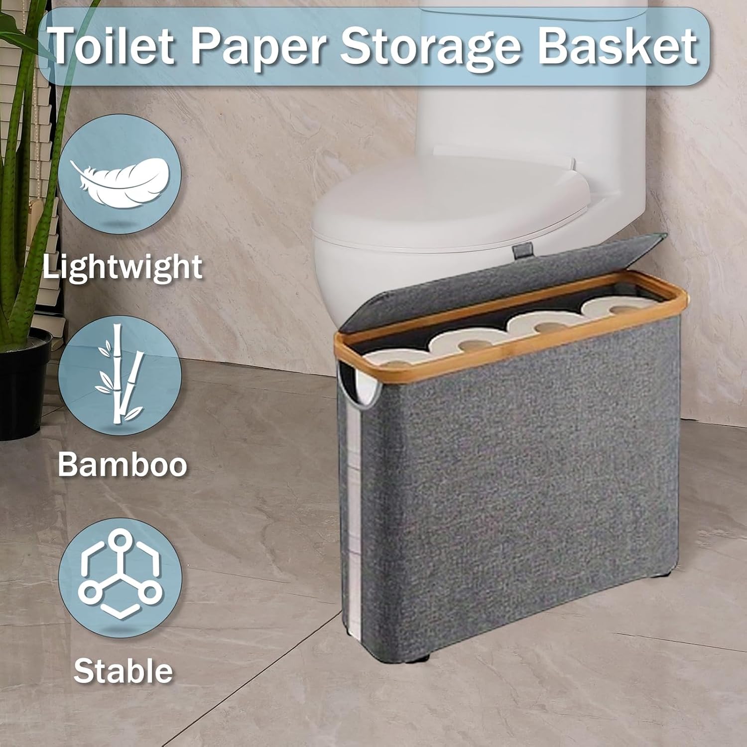 YOXIER Toilet Paper Storage Basket with Lid,Toilet Paper Organizer for Bathroom, Bamboo Toilet Paper Storage Holder Stand Free Standing with Handle, Enclosed Toilet Paper Tissue Storage Bin Container