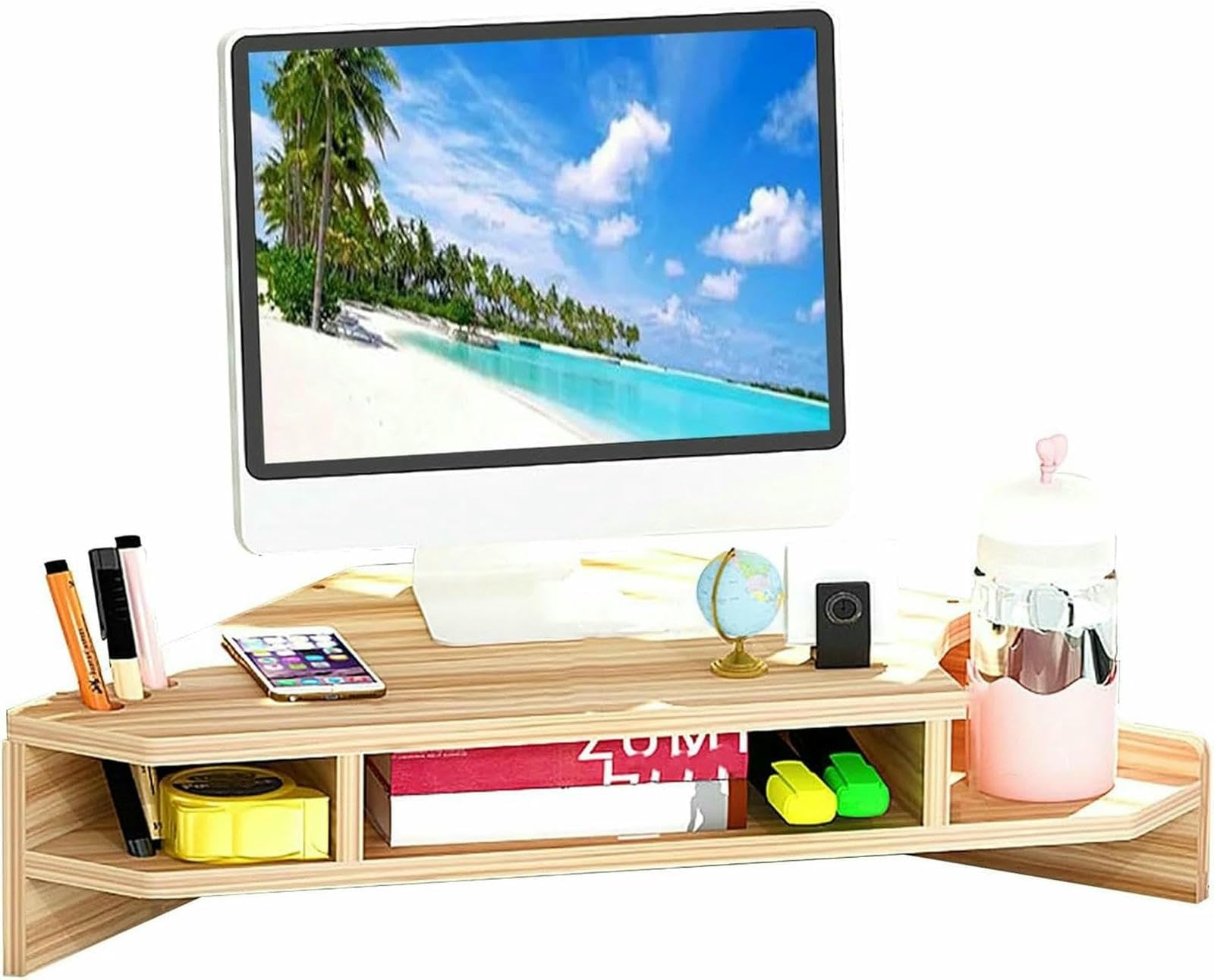 Monitor Stand d'Angle en Bois pour Télétravail et Rangement Bureau
