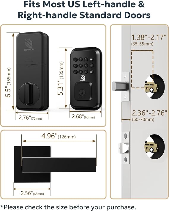BE-TECH Keyless Entry Smart Door Lock with 2 Lever Handles, Electronic Front Door Locks Set, Digital Keypad Deadbolt, Auto Lock, One Time Codes, Anti Peeping Code, Easy Installation, Black