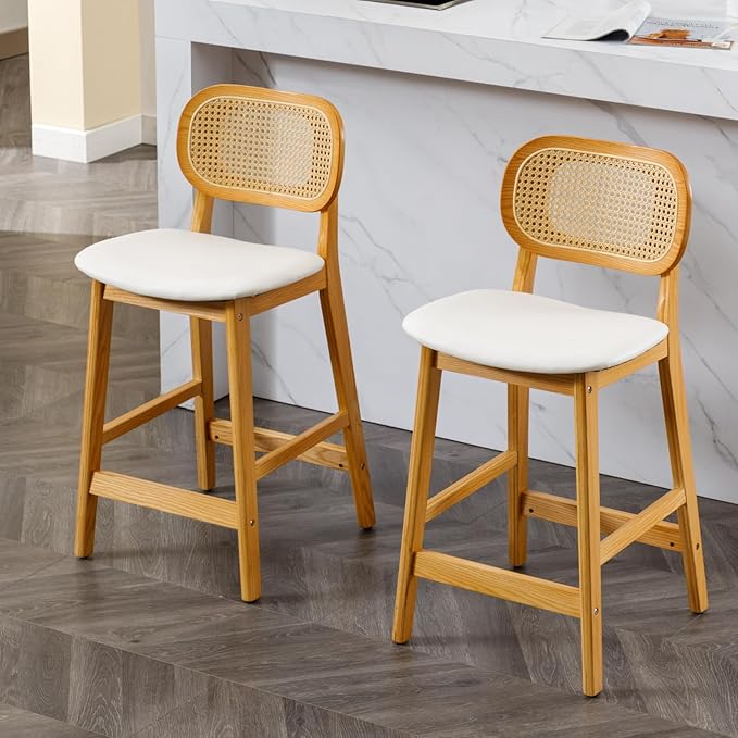 Wahson Mid Century Bar Stools Set of 2 Rattan Counter Chairs for