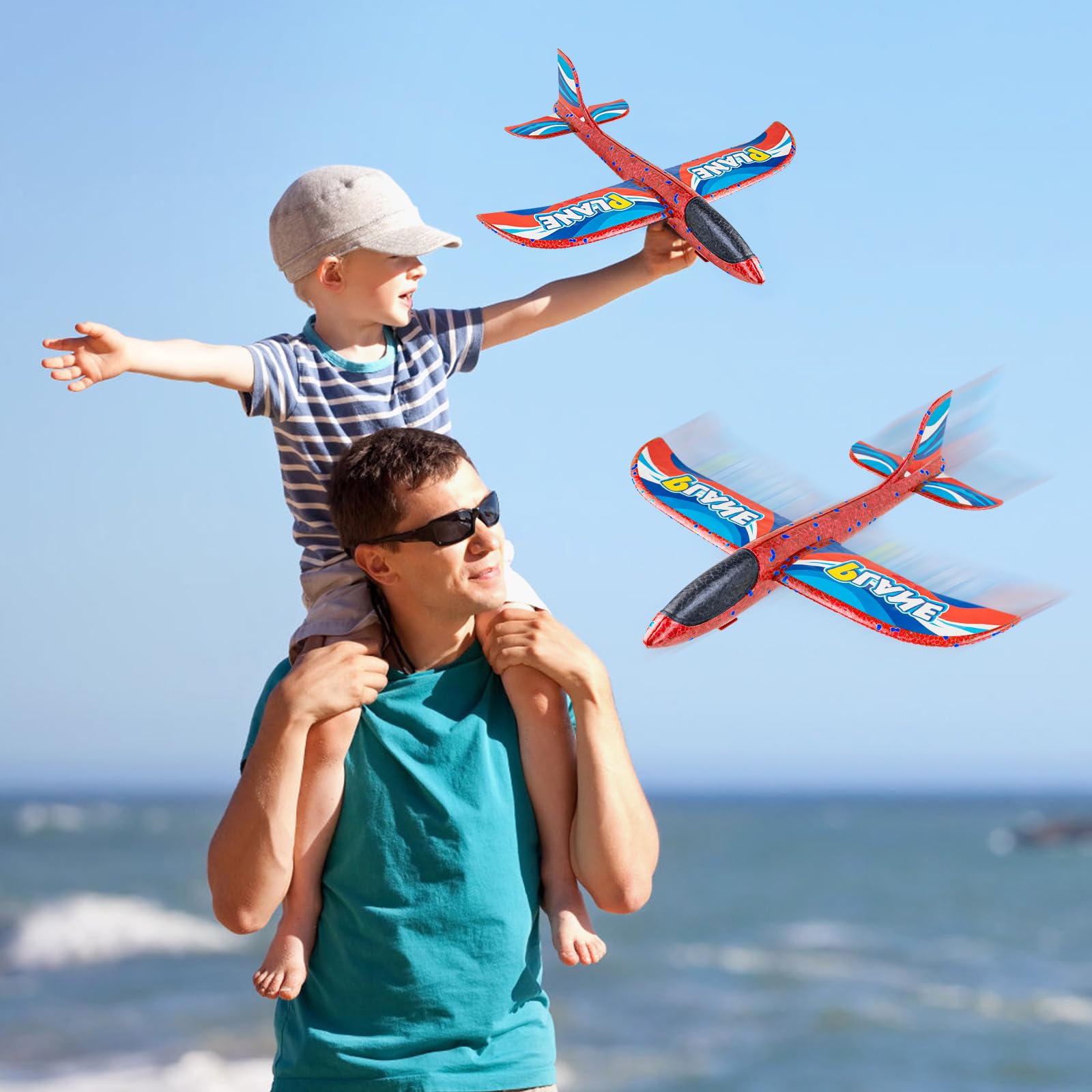 VCOSTORE Avion En Polystyrène EPP – Pistolet Catapulte, 10 Fléchettes, 10 Balles Molles – Rouge – Jeu Extérieur Dès 6 Ans