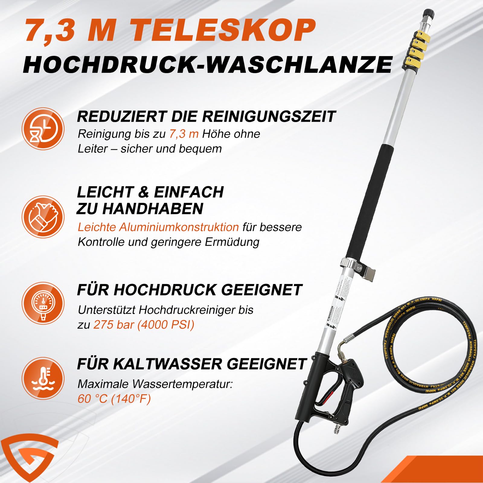 GEARMONSTER Teleskop-Hochdruckreinigerlanze, 7,3 m Teleskop Hochdruckreiniger Zauberstab, Teleskop-Sprühstab mit Verlängerungsstangen, Bürstenkopf, Schwenkkupplung, 7 Düsen, Stützgurt, für Dachrinnen