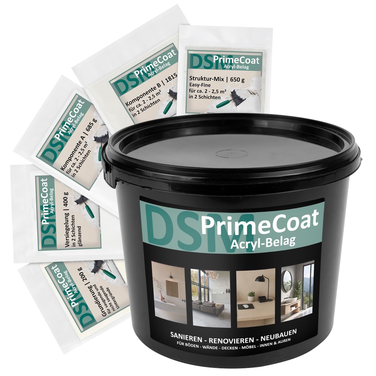 DSM PrimeCoat akrylowa wykładzina szpachlowa masa szpachlowa do bezspoinowego prysznica i łazienki – zestaw na ok. 4-5 m², M24 szary drogowy, wraz z mieszanką strukturalną Easy Fine – na ścianę