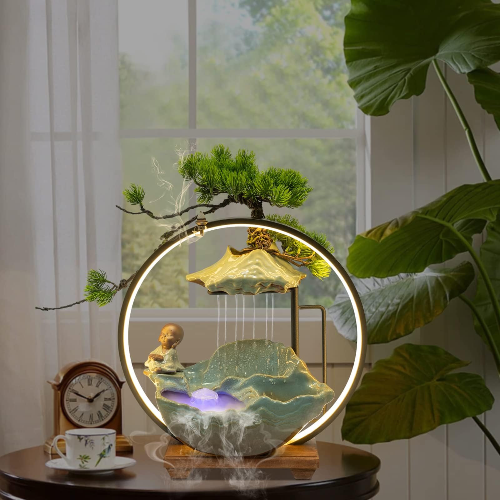 16In Bonsai Tree Statue Water Fountains Indoor Tabletop Waterfall Humidifier with LED Light and Atomizer Mist, Japanese Zen Decor Meditation Fake Plants Bonsai Feng Shui Decor Festival Birthday Gift