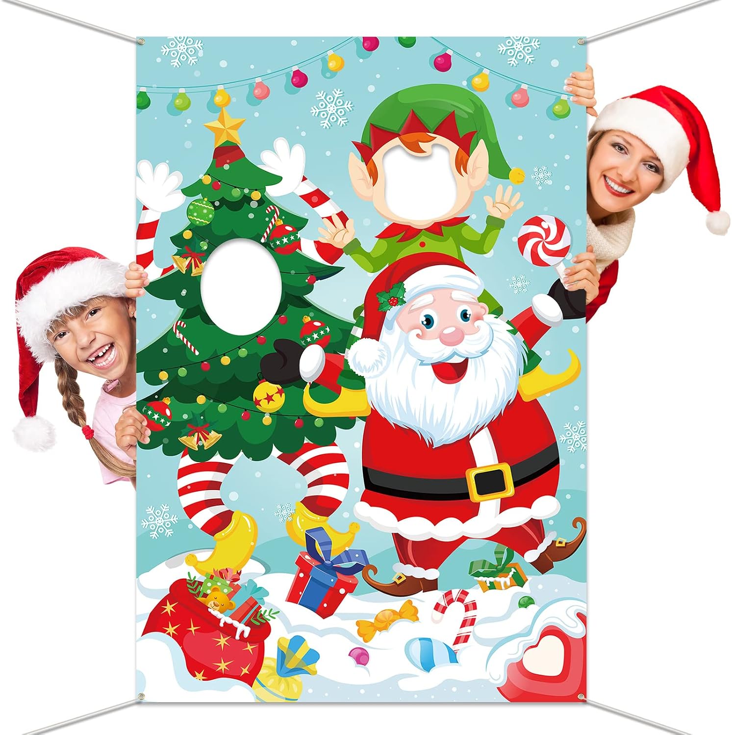 HOWAF Christmas Photo Booth Prop Banner, Christmas Santa Clause Face in Hole Photo Props Stand in Christmass Tree Face Cutout Banner Background Props for Xmas Games Supplies Xmas Door Decor