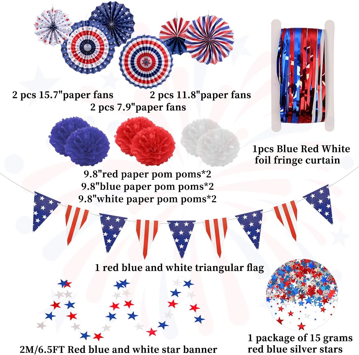 July 4th Party Decoration Set, Fourth of July Red White Blue Paper Fans, USA American Flag Pennant, PomPomPoms Flower, Foil Tassel Curtains, Star Ribbon, Independence Day Party Supplies-01 - Image 3