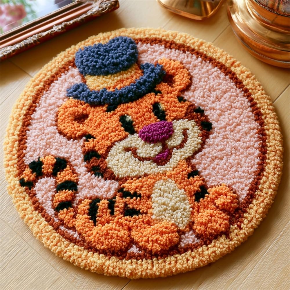Latch Hook Rug Kit, Tiger Wearing A Hat 20X20Inch (50X50Cm) Diy Latch Hook Colorful Rug Making Kit For Adults , Colorful Cross Stitch Kit Carpet Making Cushion Needlework For Beginners, Home