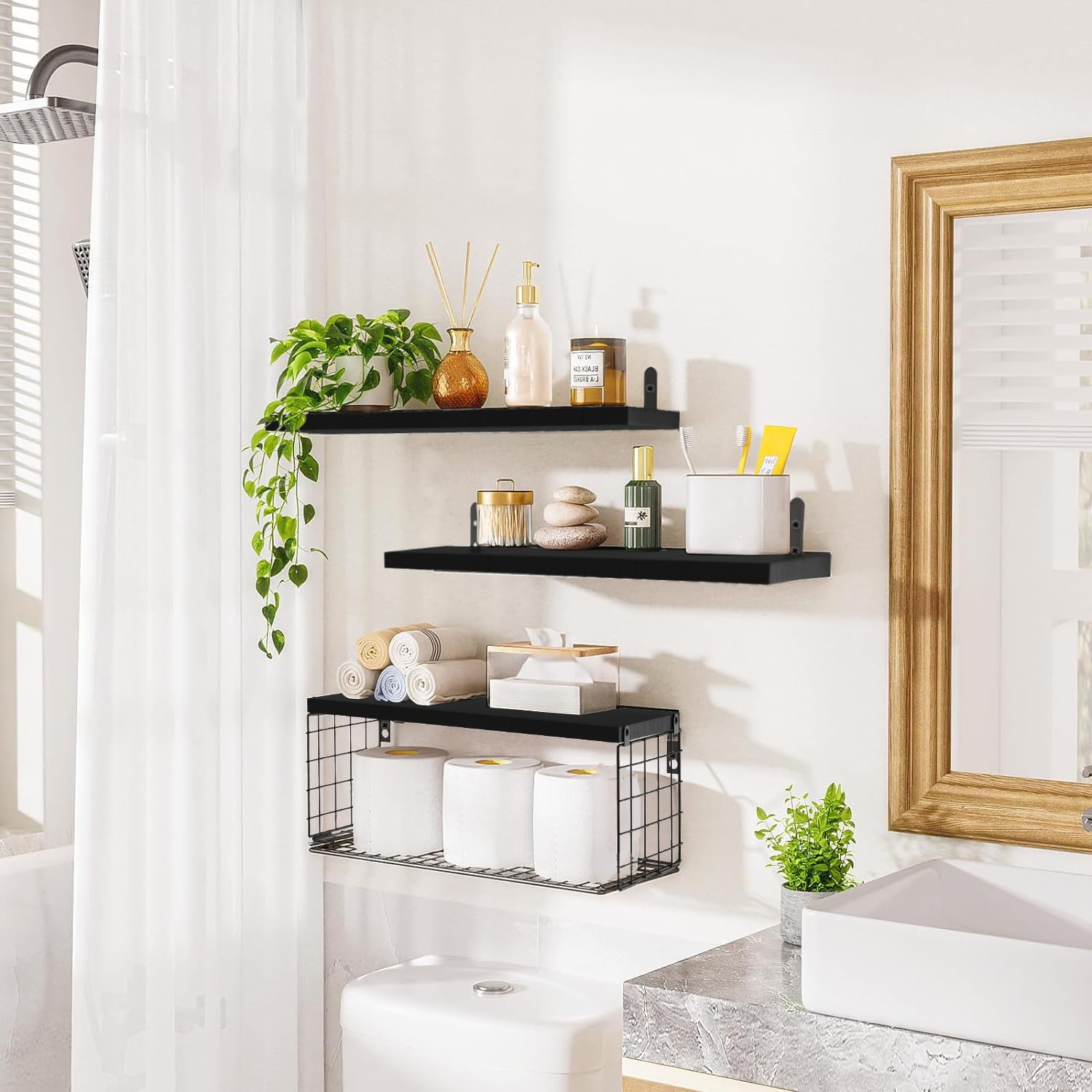 Industriële Zwevende Wandplank Van Hout 40 Cm - Metalen Opbergmand Zwart Muurplank Voor Badkamer Slaapkamer Woonkamer Keuken Wandplank Thuiskantoor
