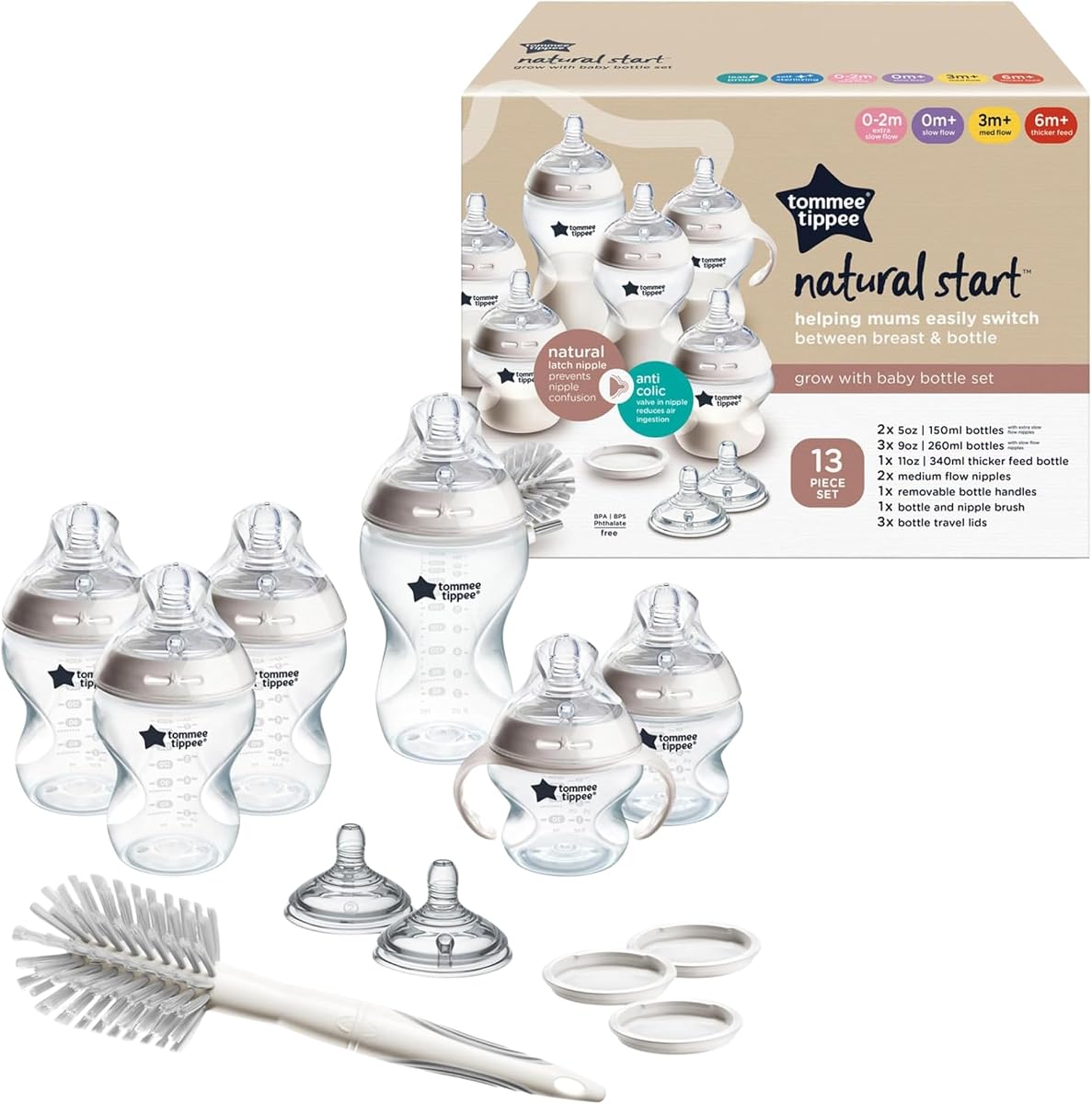 Set de biberones Natural Start, pezones tipo pecho, 0m+ | 12 piezas, 2x5oz, 3x9oz, biberones de 1x11oz, pezones de flujo lento, medio y más grueso, cepillo de limpieza, sin BPA, transparente