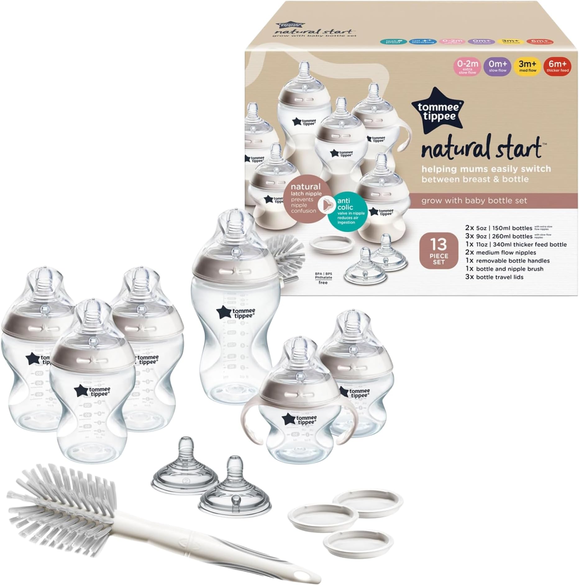 Tommee Tippee Natural Start 12 Piece BPA Free Bottle Set, Includes 2 x 5 oz, 3 x 9 oz, 1 x 11 oz Bottles, Newborn 0+ Months, Slow, Medium & Thicker Flow Breast-Like Nipples, Cleaning Brush, Clear