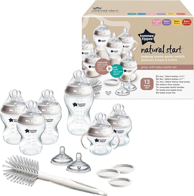 Tommee Tippee Natural Start 12 Piece BPA Free Bottle Set, Includes 2 x 5oz, 3 x 9oz, 1 x 11oz bottles, Newborn 0+ months, Slow, Medium & Thicker Flow Breast-Like Nipples, Cleaning Brush, Clear