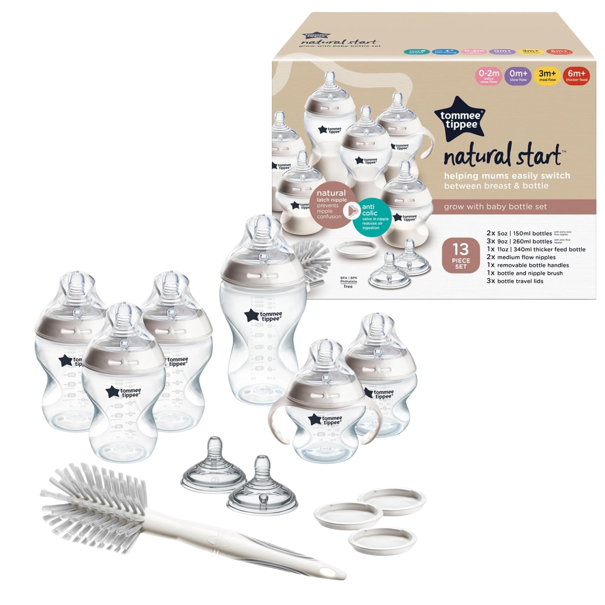 Tommee Tippee Natural Start - Juego de 12 botellas sin BPA, incluye 2 tetinas de 5 onzas, 3 de 9 onzas, 1 botella de 11 onzas, recién nacido de 0 meses en adelante, pezones de flujo lento, medio y