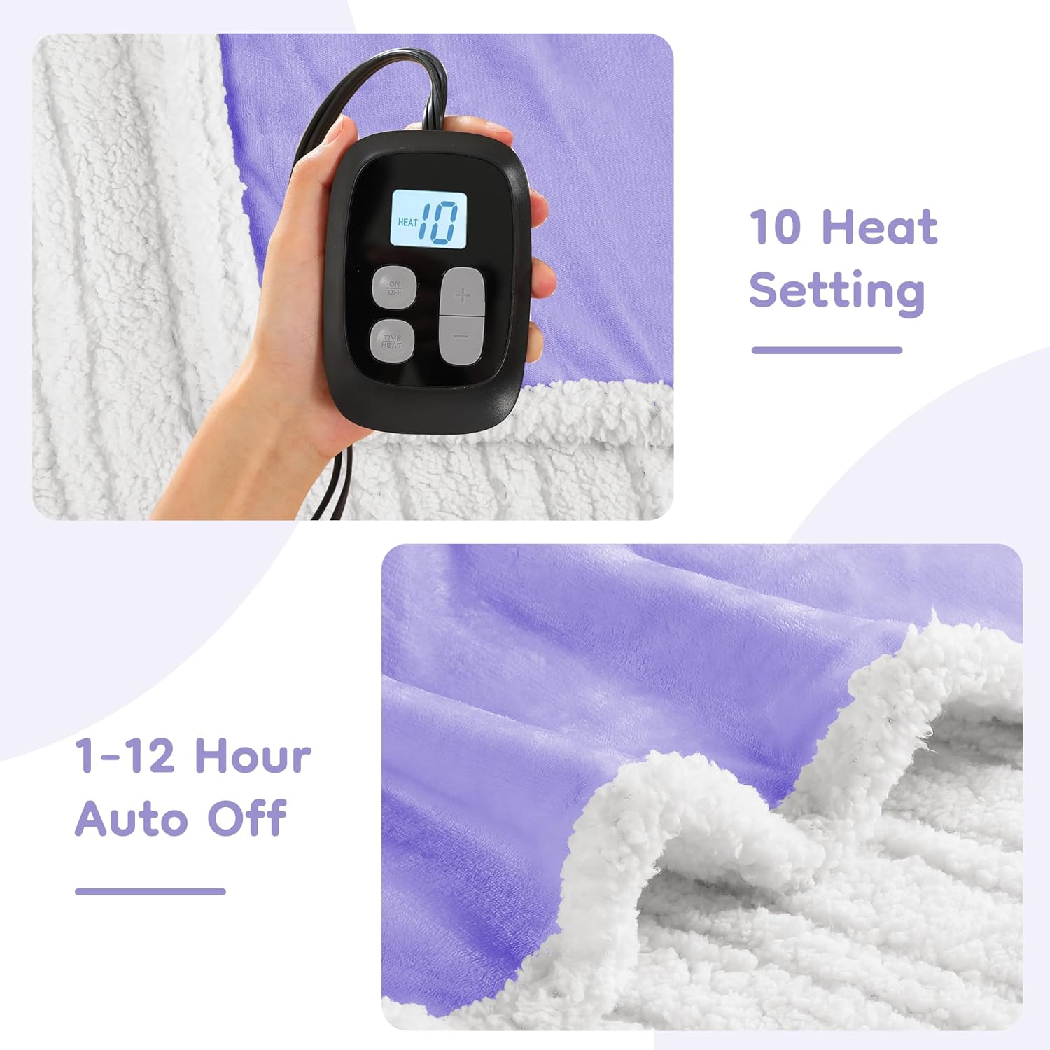 Electric Heated Blanket Full Size 72"x84", Dual-Sided Soft Flannel & Sherpa, LCD Display 10 Heat Settings with 1-12H Timer & Overnight Safe, Bed & Couch, Machine Washable, Light Purple - Image 3
