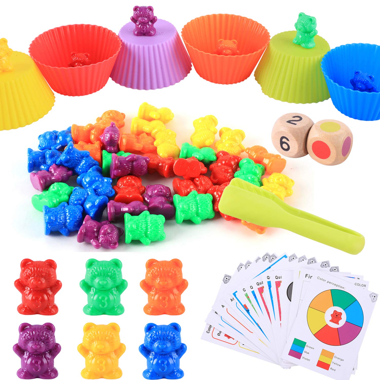 Counting Bears With Sorting Cups 46 PCS, Topseller Rainbow Bear Counters with Matching Stacking Cups Cards Dices & Tweezers, Montessori Matching Game, Educational Color Sorting Toys For Toddlers Kids