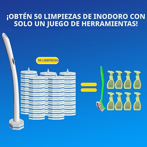 Miniatura 5 de Sistema de Cepillo de Limpieza Desechable para Inodoro con 50 uds. de Almohadillas de Repuesto Cabezales, Varilla de Limpieza para Inodoro, Kit de