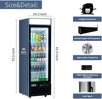 ICECASA 24 W Merchandiser Commercial Display Refrigerator Single Glass Door Reach-in 18 Cu.ft Display Refrigerator Fan Cooling for Restuarant, Bar, Shop, etc