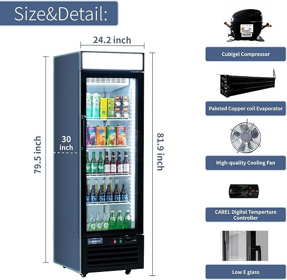 ICECASA 24 W Merchandiser Commercial Display Refrigerator Single Glass Door Reach-in 18 Cu.ft Display Refrigerator Fan Cooling for Restuarant, Bar, Shop, etc