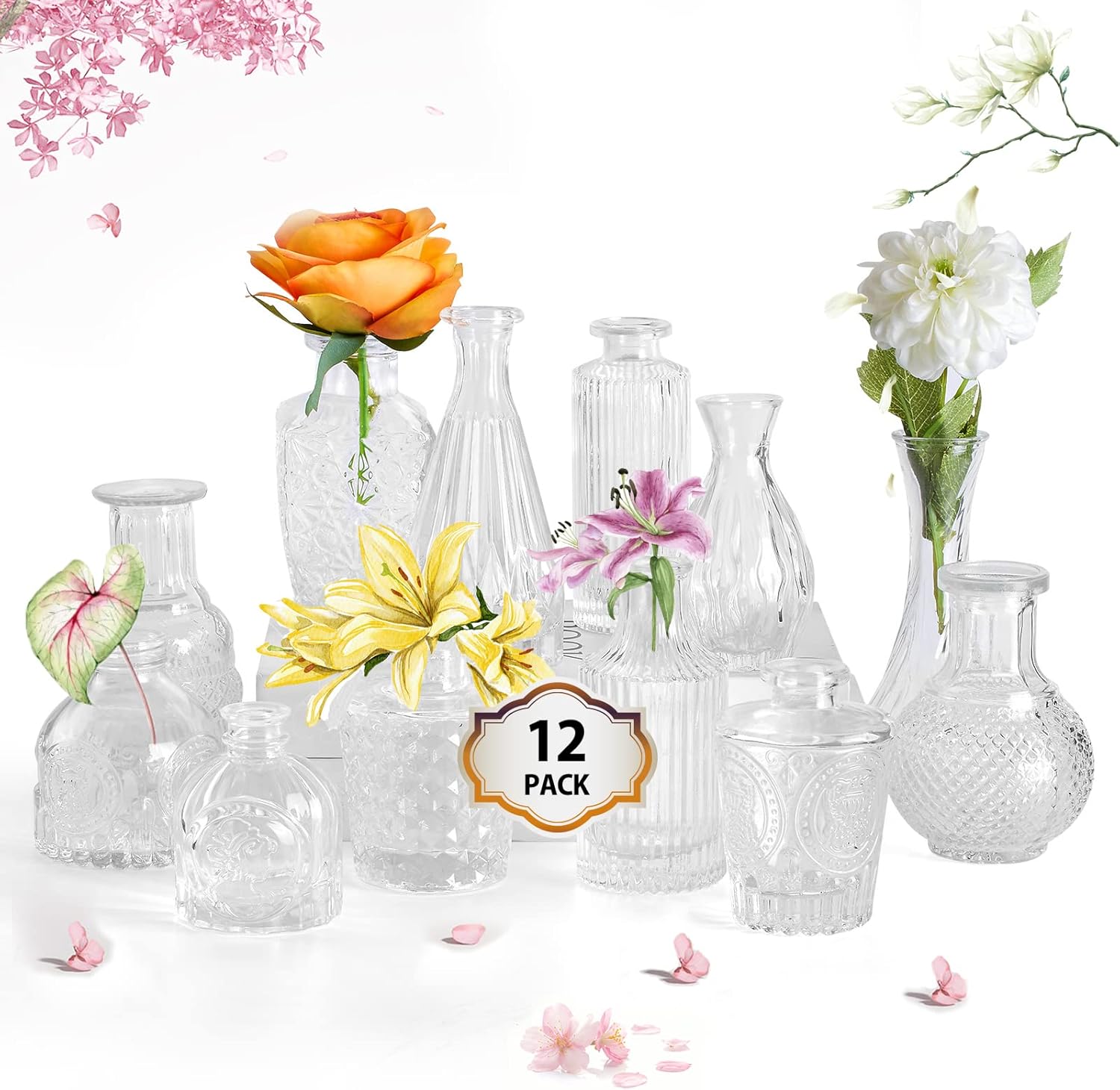 Glass Bud Vases in Bulk 12PCS,Small Clear Bud Vase for Flowers,Mini