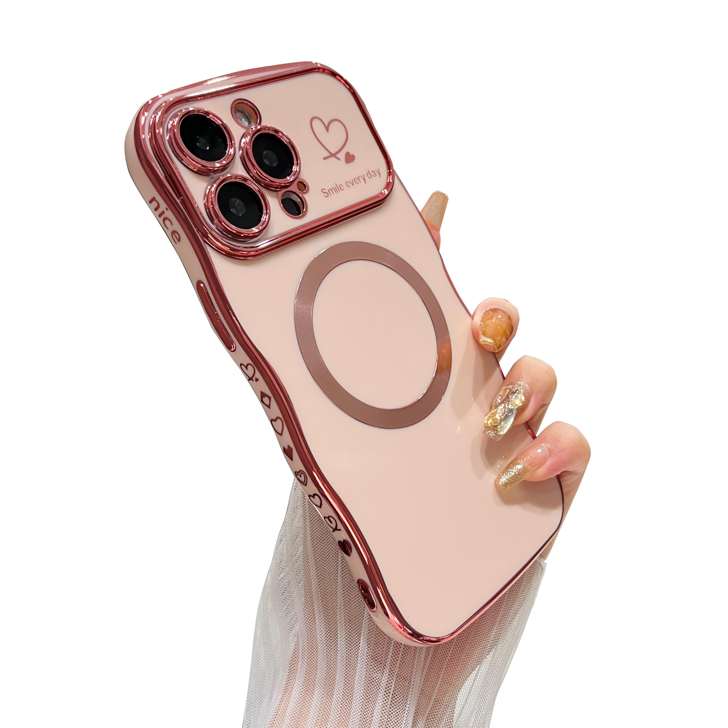 DEFBSC Magnetic for iPhone 13 Pro Max Case [Full Camera Protection][Fit for Magsafe] Cute Curly Wave Frame Love Heart Case, Plating Soft Durable TPU