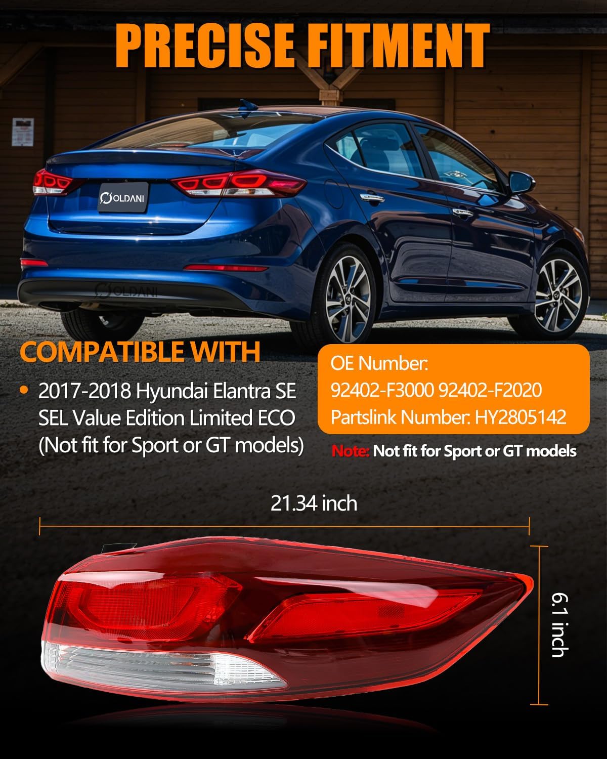 Outer Tail Light for 2017-2018 Hyundai Elantra, Tail Light Assembly Right Passenger Side Taillight, Rear Brake Lamp with Bulbs, OEM# 92402‑F3000, 1 PC image 2