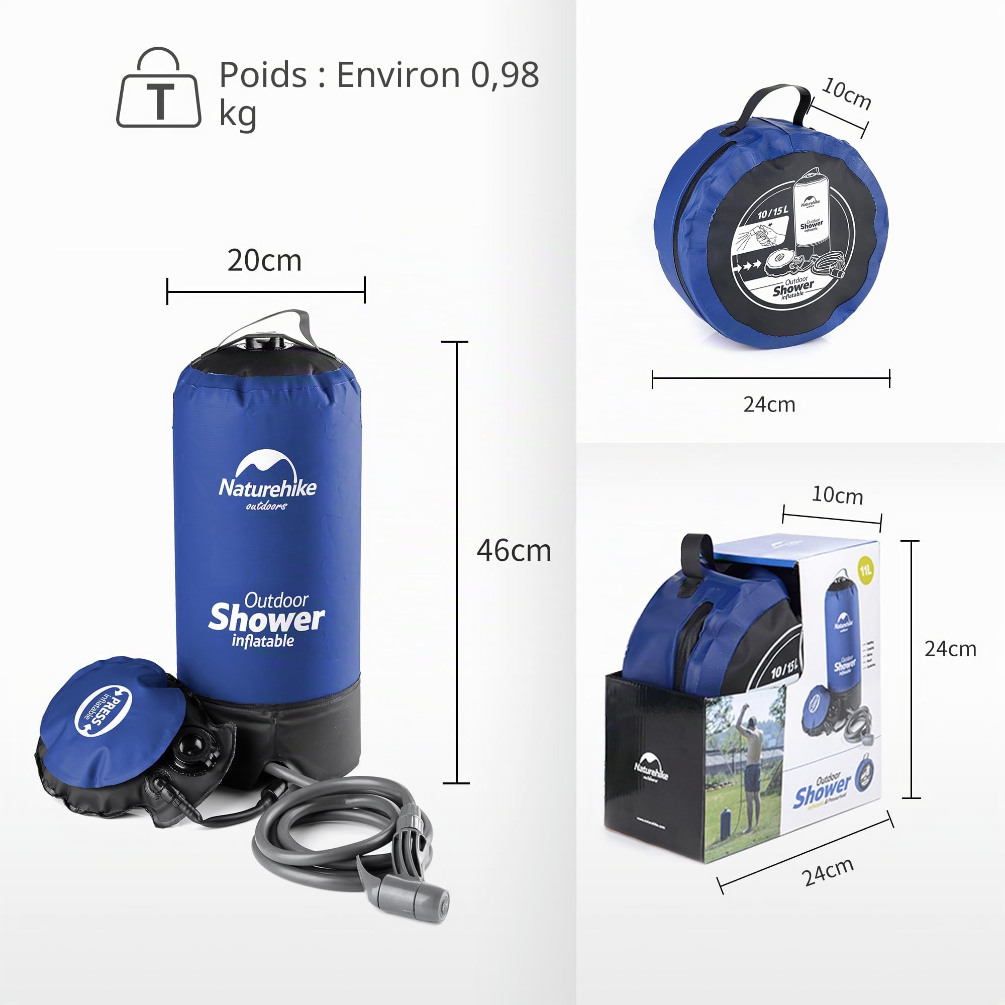 Naturehike Douche Solaire à Pression Extérieure Portable Sac de Douche Extérieur Mobile de Camping avec Pompe pour Le Camping, Le Jardin, Les Voyages, la Voiture, la Plage Seulement 1 kg-11 L
