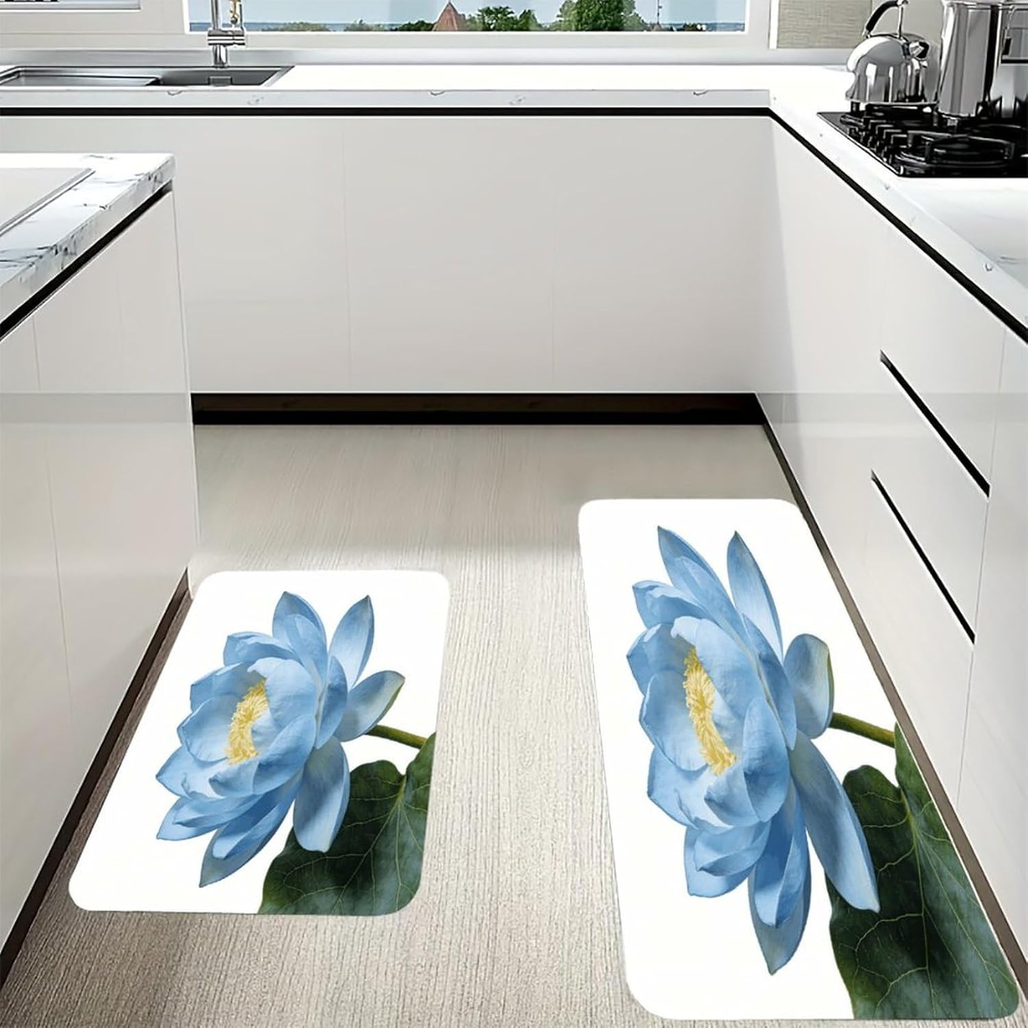Light Blue Lotus Kitchen Mat Washable Non Slip Rugs Soft Kitchen Mats for Floor Set of 2 PCS Cushioned Absorbent Runner Standing Rugs for Home Sink Laundry Office