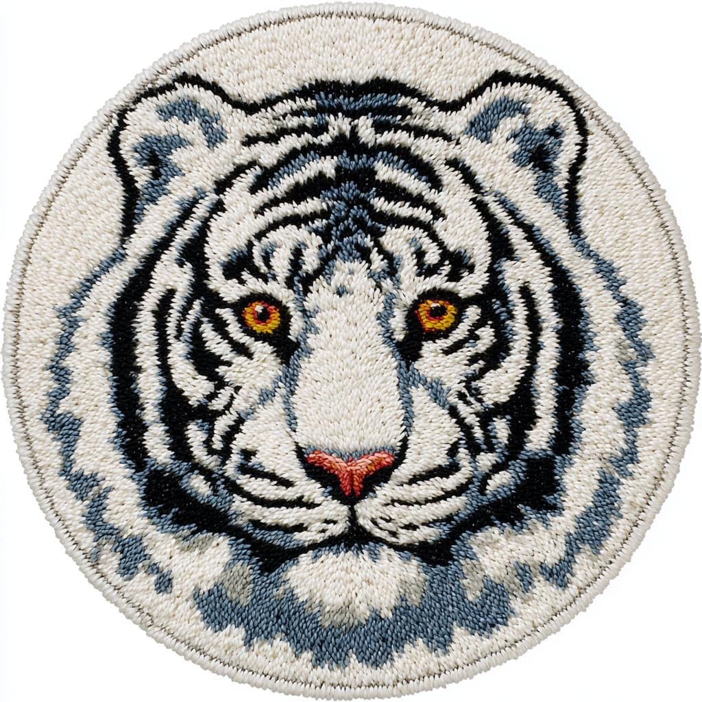 WallustrioaW DIY Latch Hook Rug Kits White Tiger Round Carpet Crochet Yarn Craft Rug Hook and Latch Tapestry for Home Decor 50x50cm