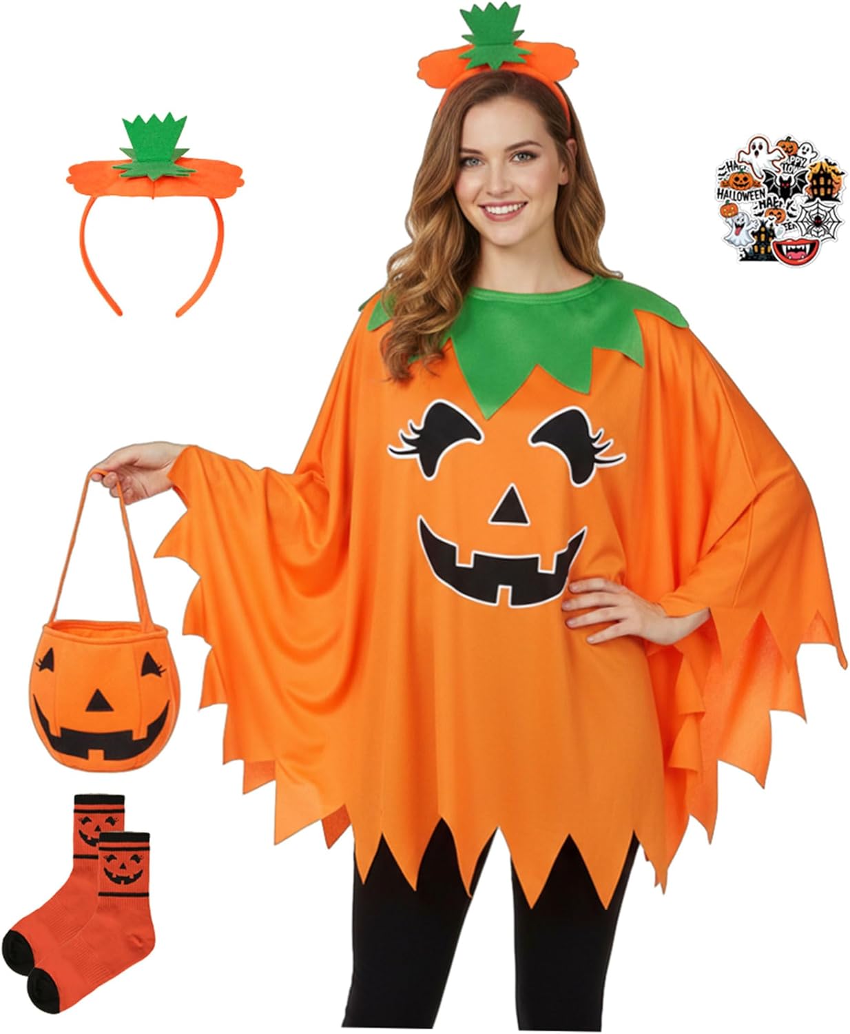Vermeyen 5PCS Pumpkin Costume Women with Cape Headband Socks Bag Stickers Adult Halloween Costumes 2025 for Party Accessories