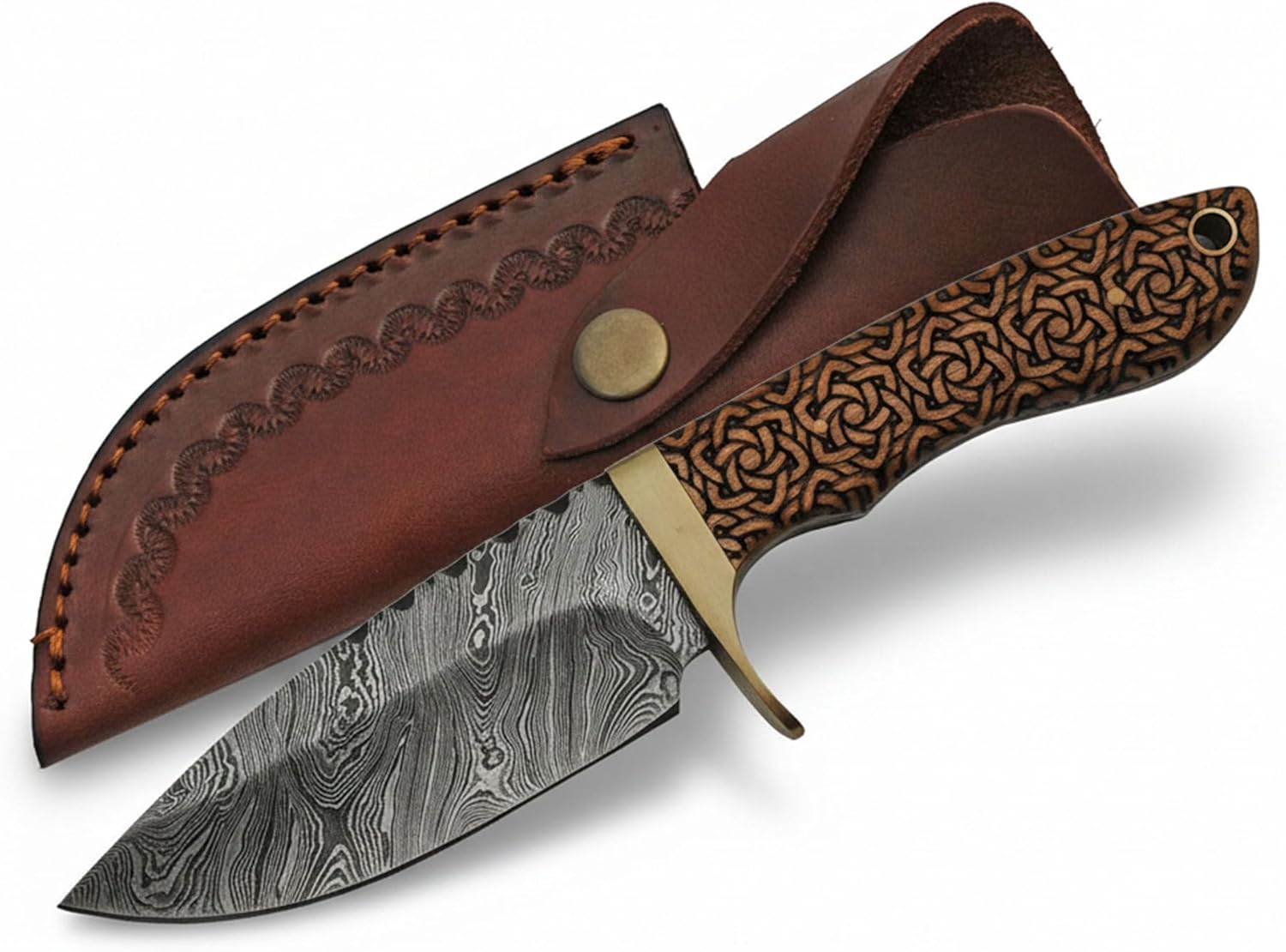 SANZ Damascus Hunting Knife 9 Inch - Camping Knife with Celtic Knot Wood Handle, Full Tang Blade & Sheath - Outdoor Knife for Hunting, Camping & Outdoor uses - Knives for Men