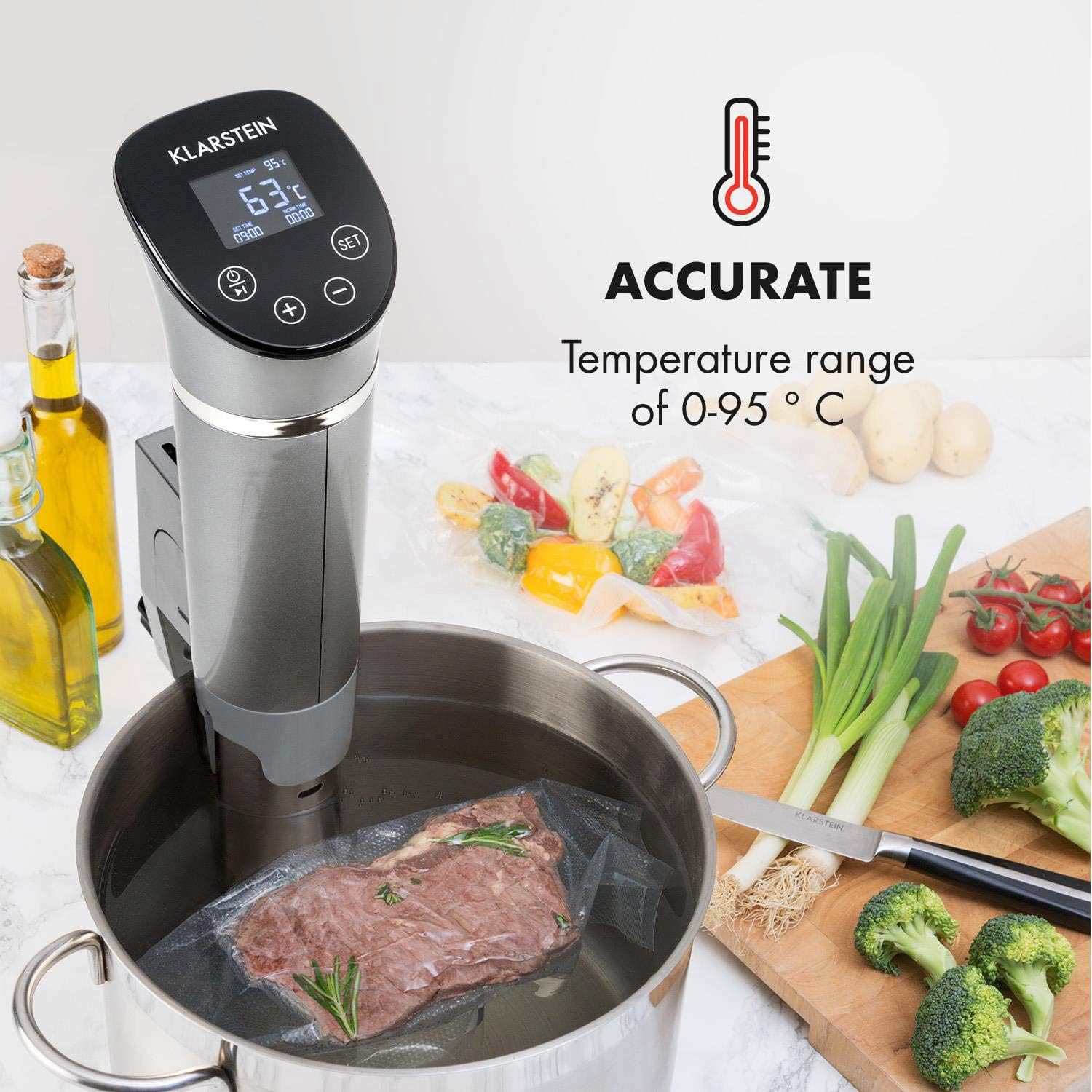 KLARSTEIN Quickstick Flex in a pot with vacuum-sealed meat, showing the display with 63°C and 09:00 time, text 'ACCURATE Temperature range of 0-95°C'.