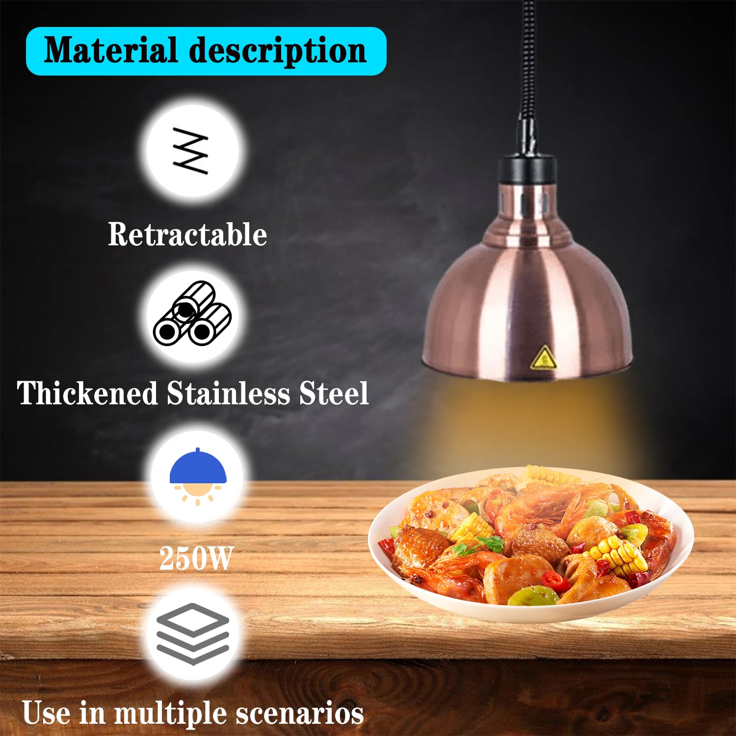 Lampada Riscaldante per Alimenti, Lampade Scaldavivande Cucina Retrattili, 250W Lampade Riscaldanti per Cucina a Buffet Sospesa per Ristoranti, Cucine, Hotel (Rame Rosso, 2 Pezzi)