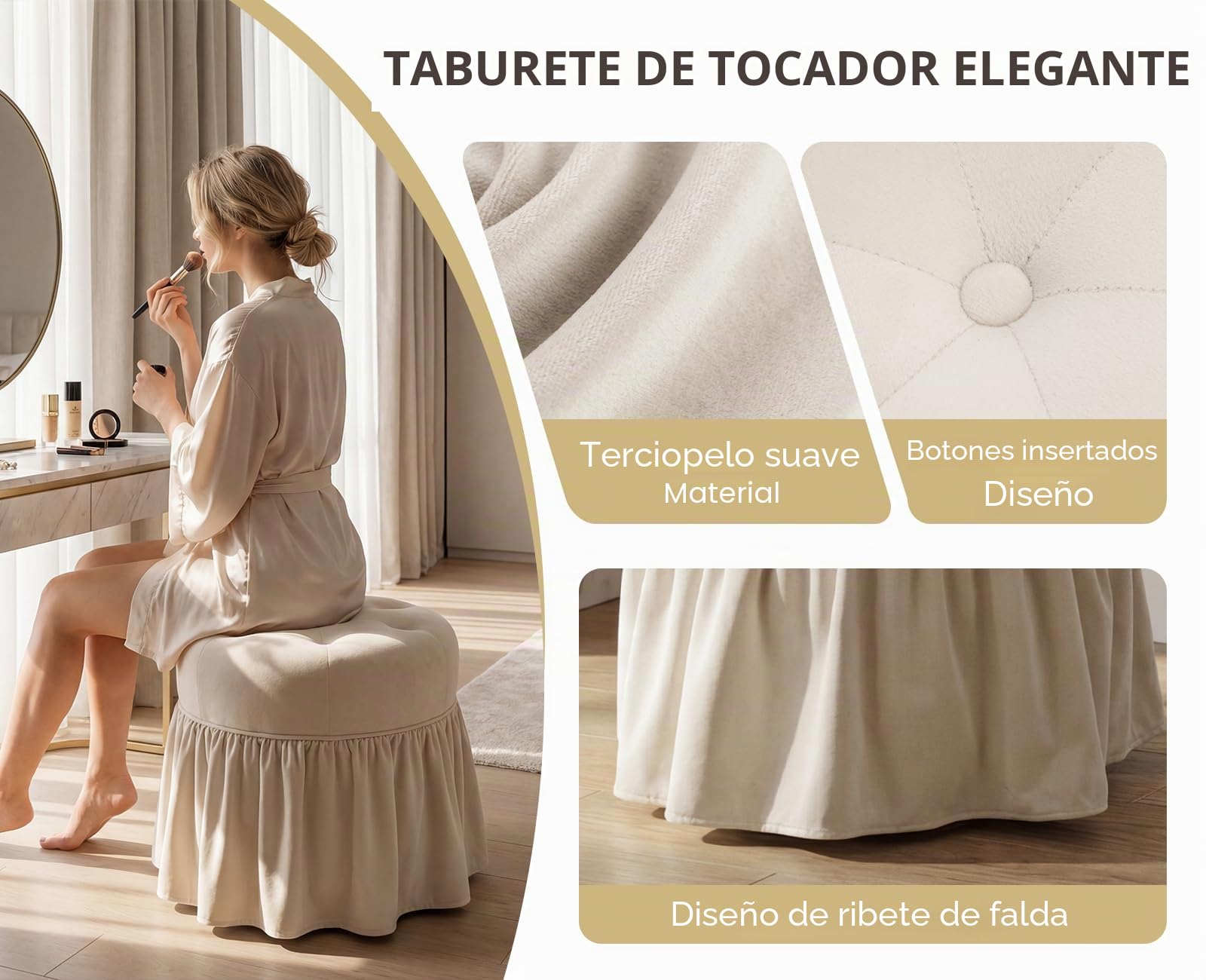 Ya-Home Taburete Tocador Otomano Terciopelo con Ruedas, Beige